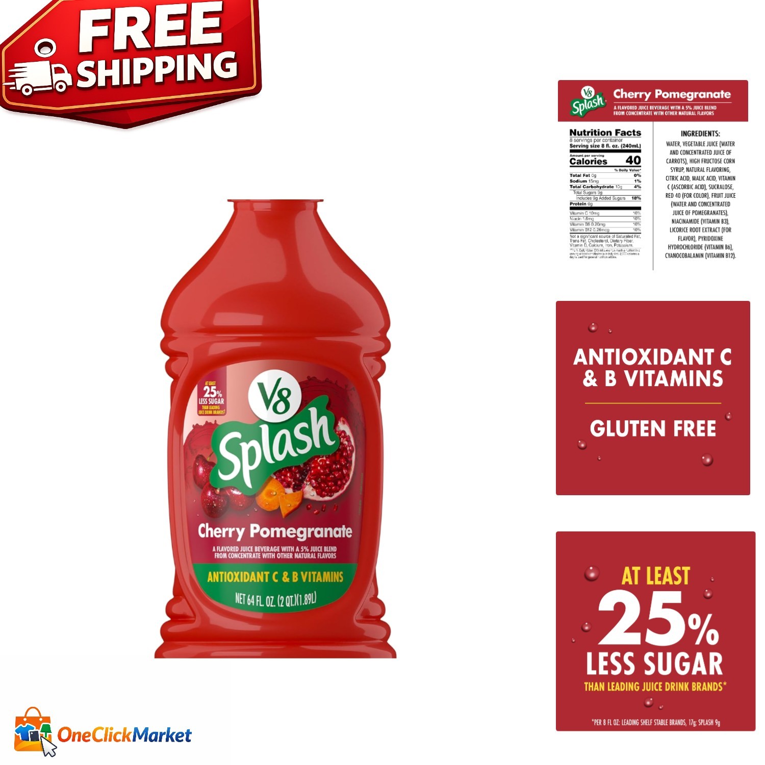 Healthy 64 FL OZ Cherry Pomegranate Juice - 25% Less Sugar, 
