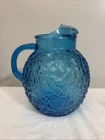 Anchor Hocking Ball Pitcher Lido Milano Teal Blue Crinkle Glass MCM VTG Glows
