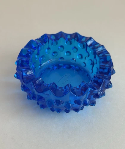 Fenton Glass Blue Hobnail Small Ashtray Dish. Fenton Logo!