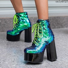 Womens High Block Heel Platform Glitter Sequin Lace Up Knight Ankle Boots Shoes