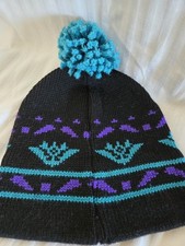 Lands End Black Purple Teal Tight Knit Toboggan Winter Hat.