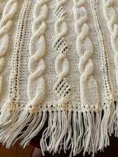 HandKnit Vintage Afghan Throw Cable Ivory Cream Fringe 46x64 Cottage Granny Core