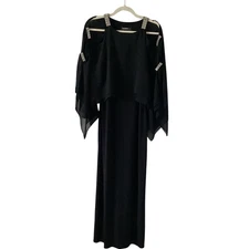 Glamour Nights Black Evening Gown Rhinestone Strap Cape Sleeve Formal Dress 8