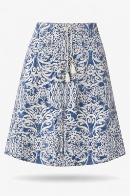 Emi & Joe Skirt Womens Lrg. Blue White Print A-Line Drawstring Boho Cottagecore