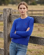 NWT Polo Ralph Lauren Cable-Knit Pima Cotton Crew Neck in Blue Sweater L