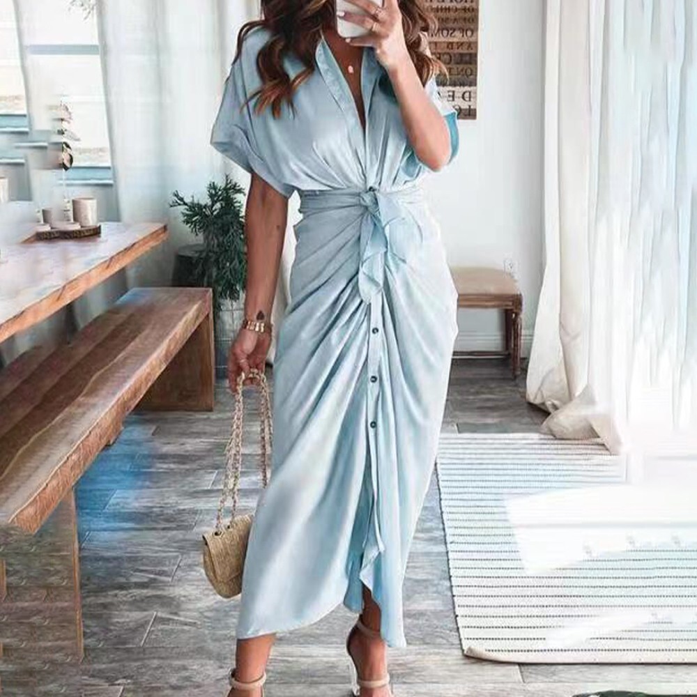 Gracieuse robe d'été enveloppée pour femmes manches courtes col en V