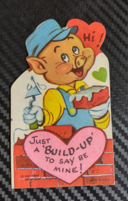 Vintage Disney Valentine Card  Brick House Three Little Pigs Bricklayer