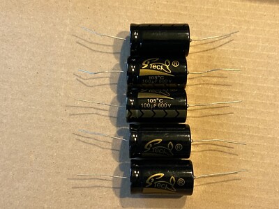 5 New Supertech 100 uf 600v Axial Capacitors Guitar Tube Amp & Radio Caps (Qty)