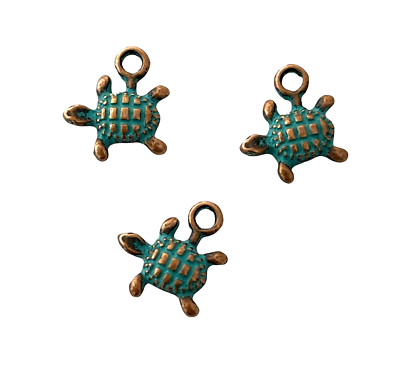10 Copper Blue Green Patina 13x12mm Turtle Metal Bead Drop Charms Pendants