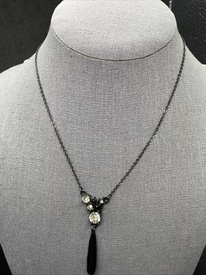 SAQ Womens Delicate Black Rhinestone Teardrop Pendant Necklace Art Deco 1920s 