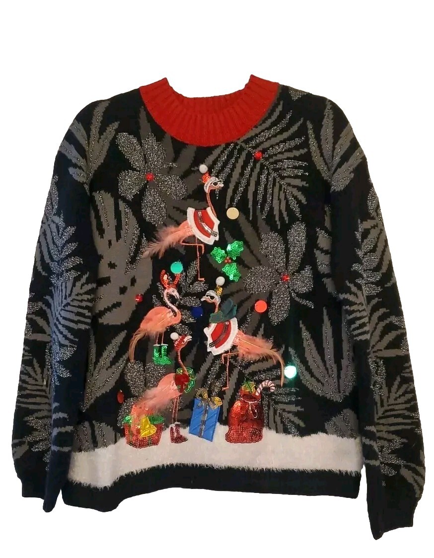 Women Ugly Christmas Sweater S Black Tropical Flamingo with feathers Holiday