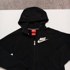 Nike Hoodie Boys Youth Small Black White Swoosh Fleece Full Zip Sweatshirt