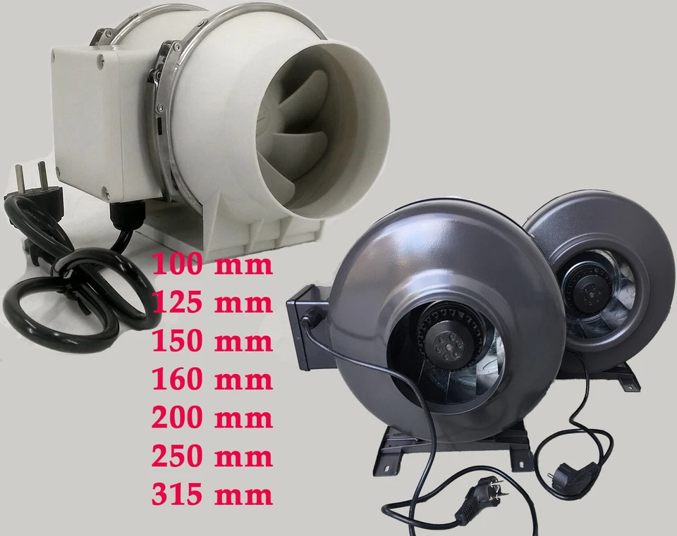 Rohrventilator Rohrlüfter 2 Stufen 100 125 150 160 200 250 315 mm fuss +kabl
