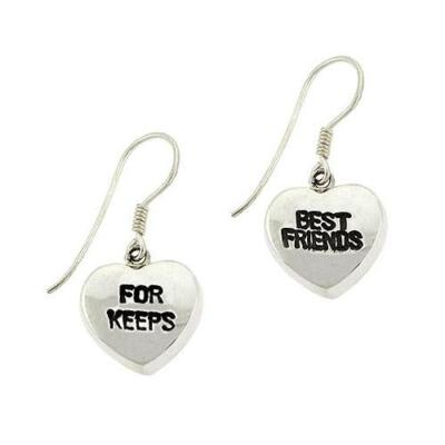925 Silver 'Best Friends' & 'For Keeps' Heart Dangle Friendship Earrings