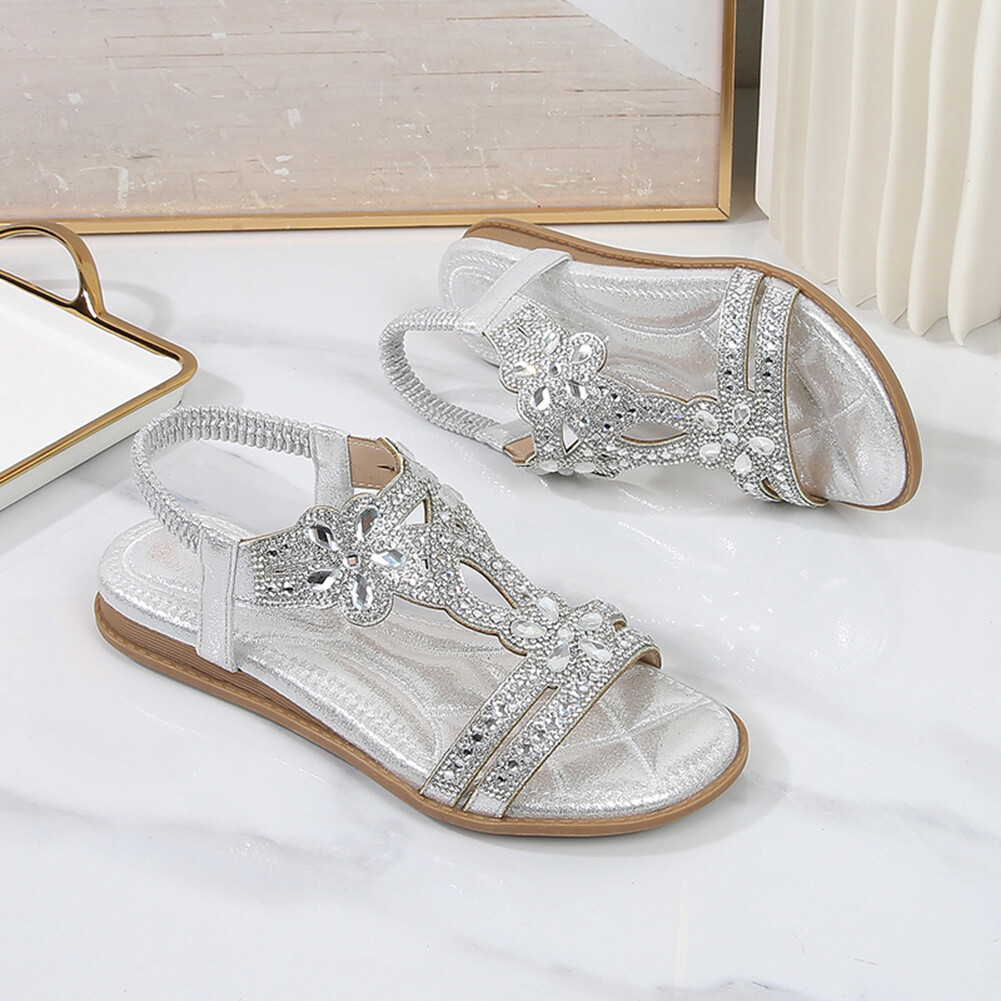 APL Sandali piatti bohemien punta aperta strass fiori eleganti sandali per donna ragazza