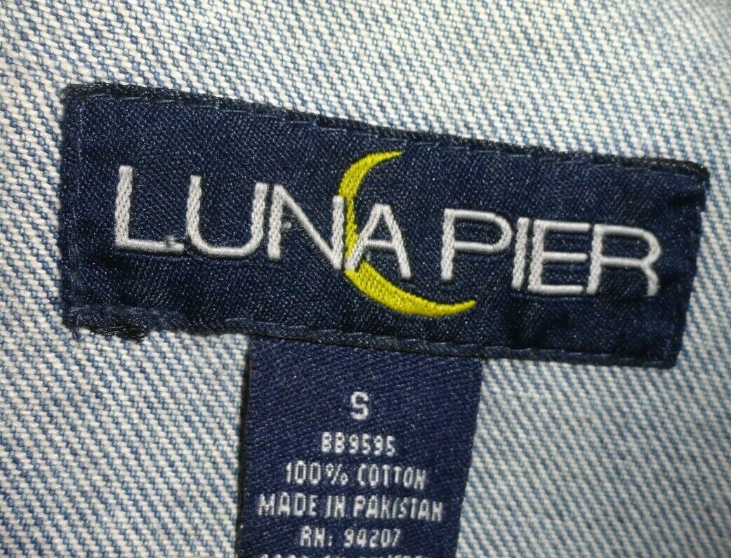 Vtg. Luna Pier Denim Jacket Biker & Eagle Patches Mot… Gem