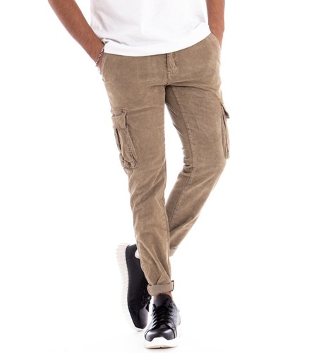 Pantalone Uomo Cargo Velluto a Costine Beige Unita Slim Fit Tasca America  GIOSAL | eBay