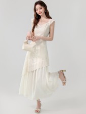 Womens Lace Embroidered Dress Summer V-neck French Irregular Waist Cinched Skirt