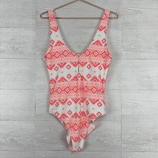 Aerie Pique One Piece Swimsuit Size XL Henley Printed Neon Orange Full Coverage