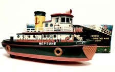 VINTAGE BATTERY OPERATED MYSTERY ACTION TUG BOAT NEPTUNE TIN TOY EXCELLENT