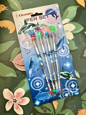 NOS Vintage 90s BENSIA Hawaii Dolphins Colored Pens Lisa Frank Style Favors RARE