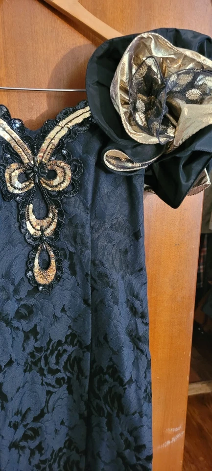 Maxi Vestido Ajustado Cheongsam 80 De Colección Manga Volantes Lentejuelas Baile de graduación Fiesta Negro Dorado 8  Foto 3 de 4