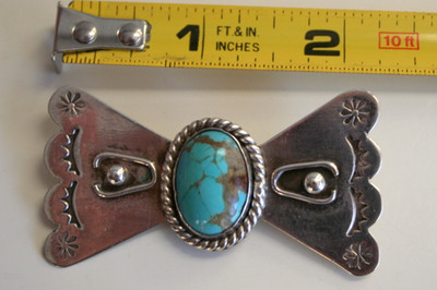 Artisan made Turquoise Sterling Silver Bow Tie Pin Brooch Navajo style 2 3/8''
