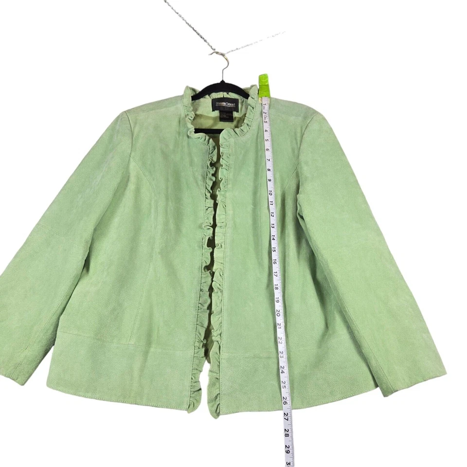 Brandon Thomas Womens 14/16 Suede Leather Jacket Green Open Front Ruffle - Image 4 of 4