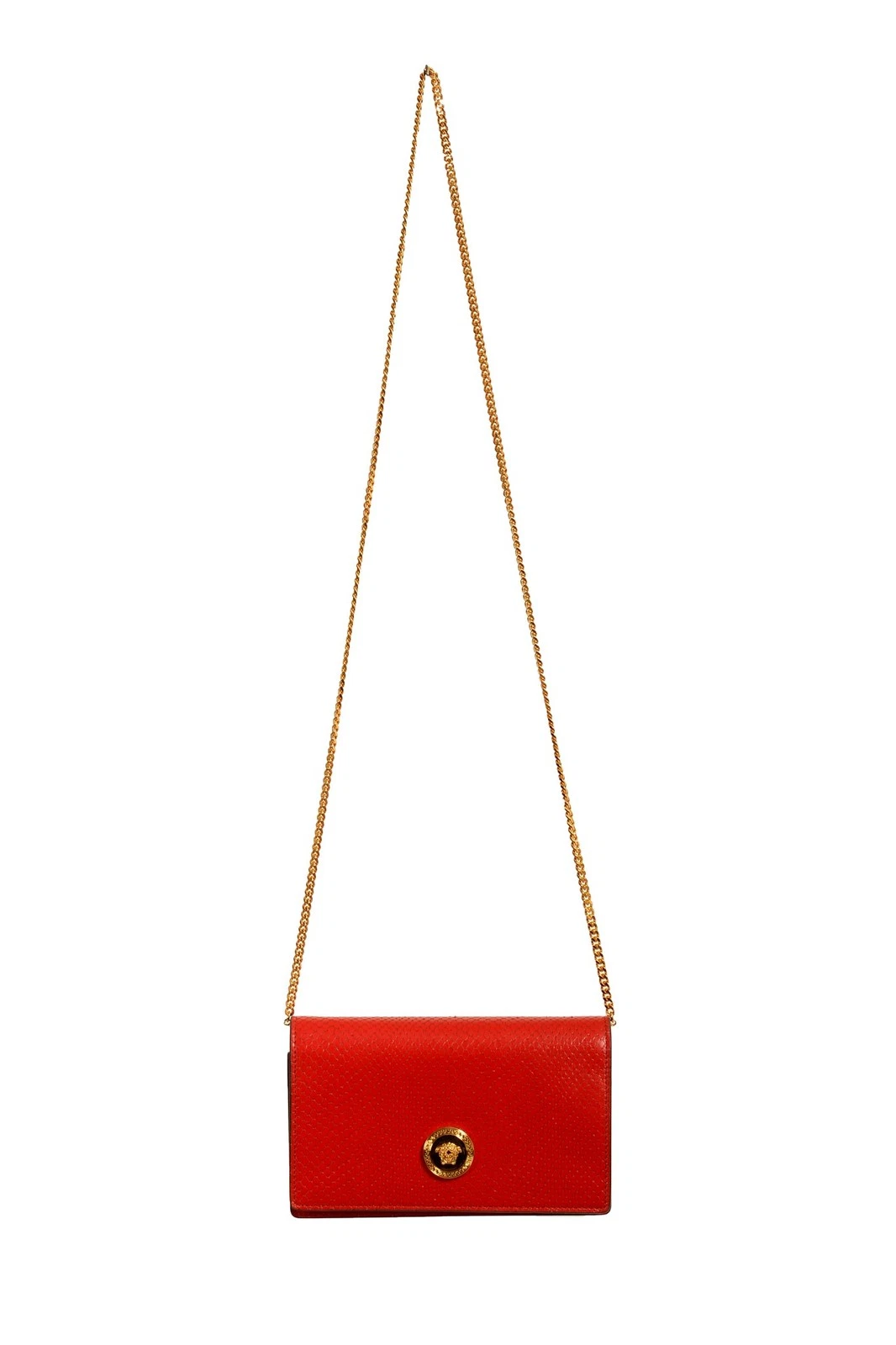 Versace — Versace Red 100% Leather Snake Skin Print Gold Medusa Chain Clutch Shoulder Bag