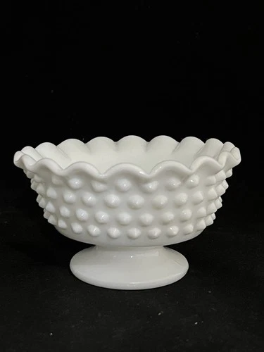 Fenton Hobnail Milk Glass Bowl Shaped Taper Candle Holder Scalloped Edge Footed