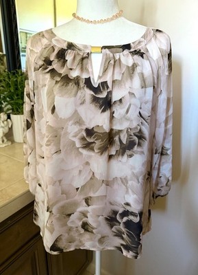 CALVIN KLEIN Women s Top Blouse Soft Lined Brown Pink Floral Gold Logo Size M