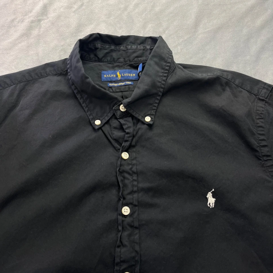 Camisa Ralph Lauren Peso Pluma Sarga Manga Corta Abotonada Negra Para Hombres XL Foto 3 de 4