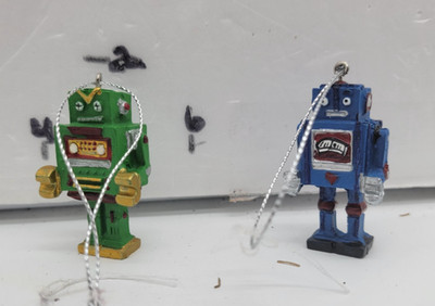 SET OF 2  ROBOT ORNAMENTS 2'' Retro Sci Fi Christmas Tree Outer Space Age