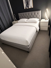 King size Grey Upholstered Fabric Double Bed Frame with Tufted Headboard