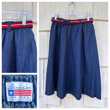 Vintage Levi's Denim Skirt Midi A-Line Elastic Waist Belted Late 1970s Medium