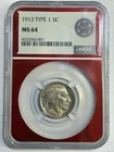 1913 Type 1 Buffalo Nickel 5C, NGC MS64 EDCPLUG. First Year