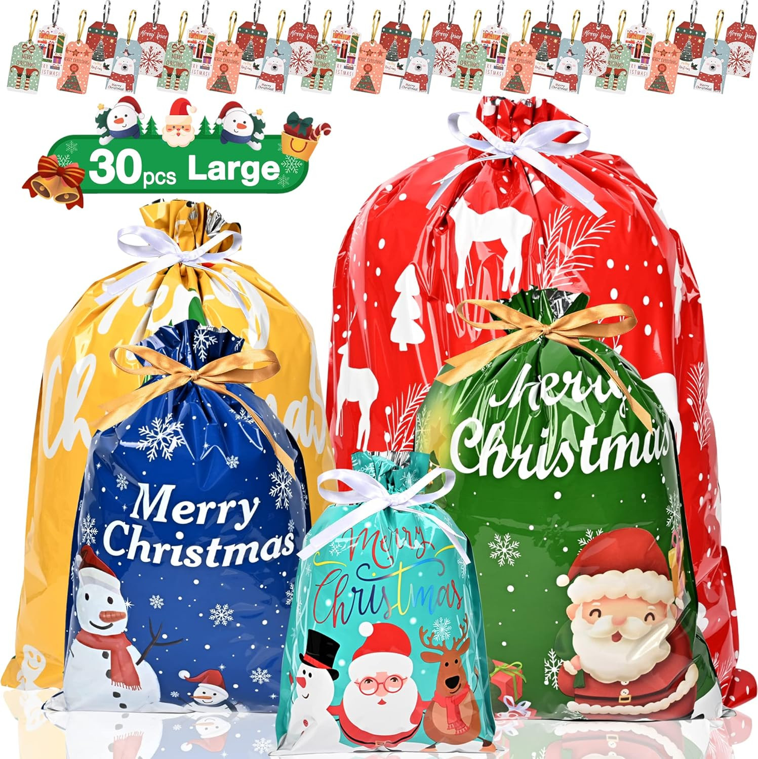 Christmas Wrapping Bags 30Pcs Extra Large Drawstring Gift with Tags,Foil Xmas Ti