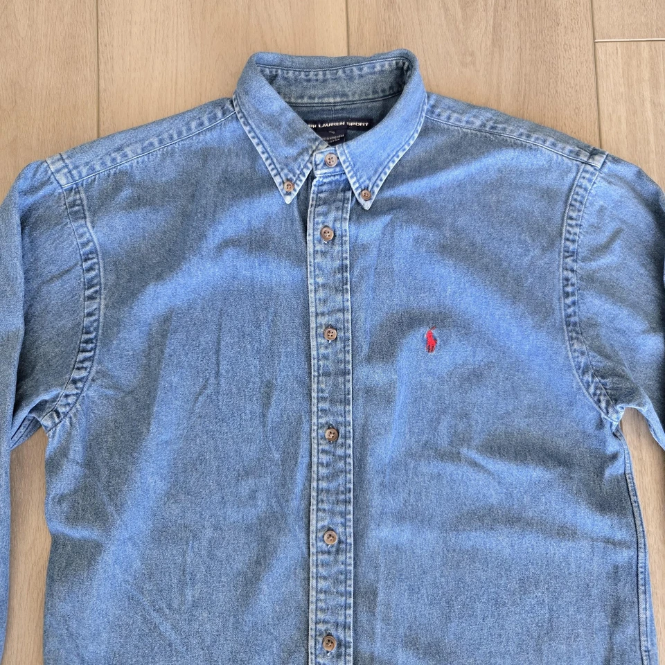Vintage Ralph Lauren Sport Shirt Mens Medium Blue Denim Button Down Red Pony 90s - Image 3 of 4