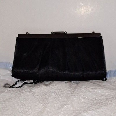 A Jessica McClintock Women's Evening Bag Black Satin Chain Handle Elegant 