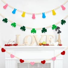 3PCS Valentines Decor Banner Felt Heart St. Patrick's Shamrock Easter Bunny B...