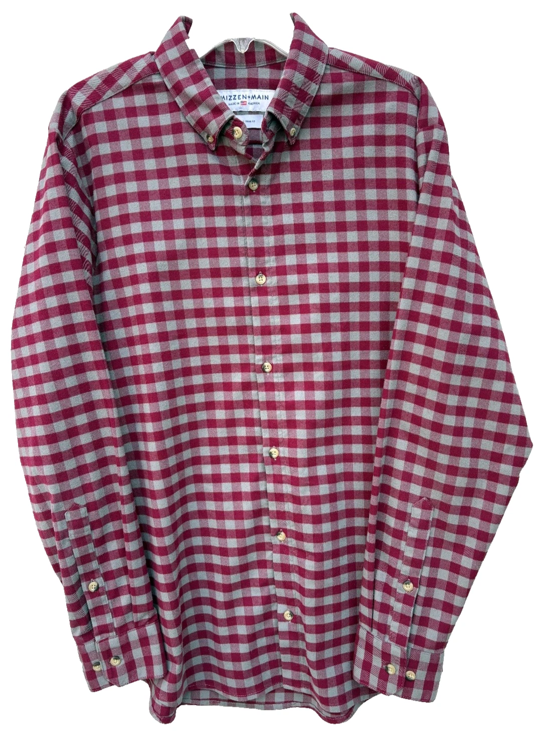 Mizzen + Main Shirt Mens XL Trim Fit Gray & Burgundy Check Flannel Feel Made USA