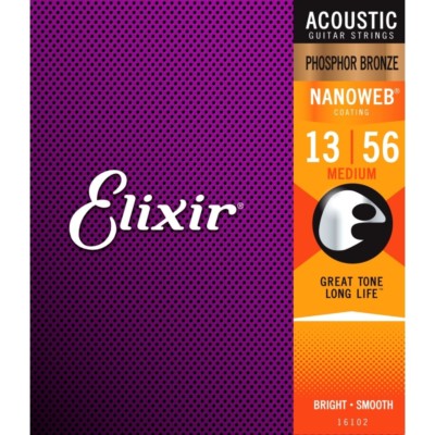 Elixir 16102 Acoustic Guitar Strings Phosphor Bronze Nanoweb Coated Medium 13-56