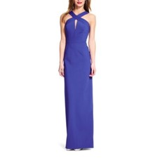 ADRIANNA PAPELL Cobalt Halter Criss-Cross Keyhole Neoprene Maxi Gown Dress 10 US