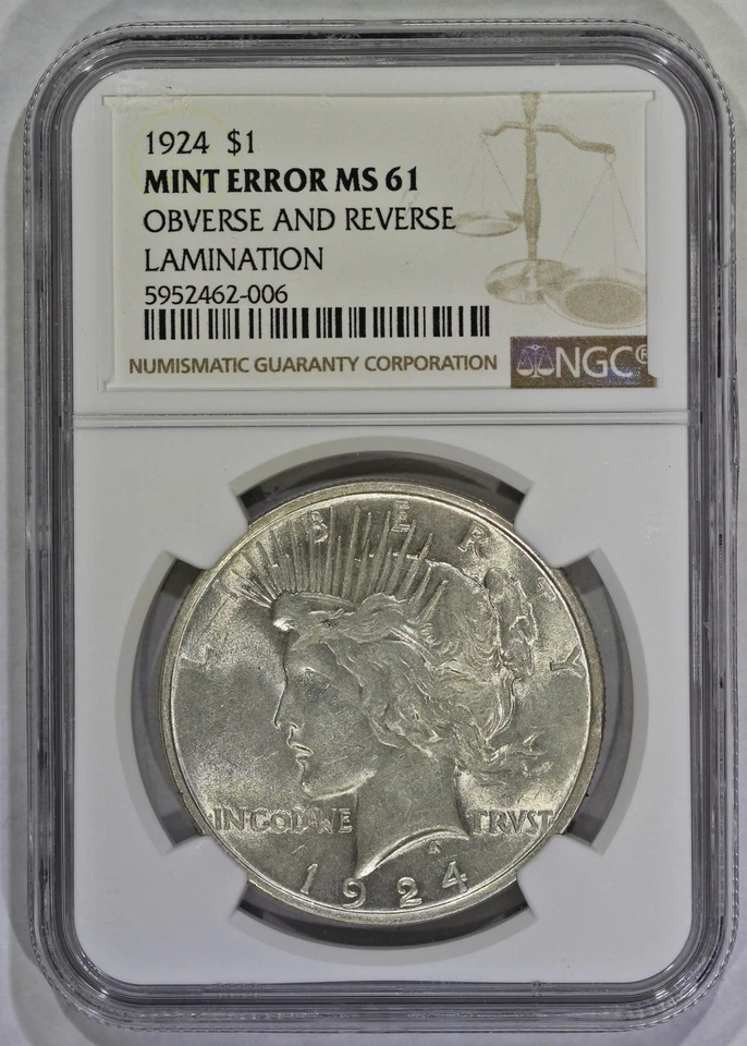 1924 $1 Silver Peace Dollar Obverse and Reverse Lamination Error NGC MS61 - Image 2 of 4