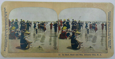 Stereoview Card In Surf Sand and Sun Atlantic City N.J. Polychrome 1905 
