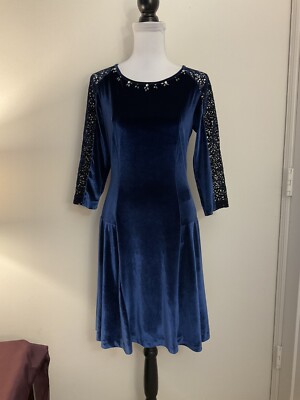Gizia Dark Velvet Blue 3/4 Sleeve Embellished Fit And Flair Dress, Sz 38(M) NWT