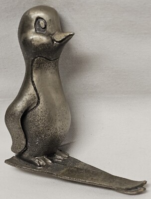 Vintage 1970's Hudson Pewter Co Penguin on Skis Figurine Figure Paperweight 2''