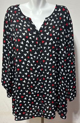 Catherine's Women 5X Black Blouse Valentines Day Red White Hearts Button Down
