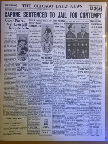 VINTAGE NEWSPAPER HEADLINE ~CHICAGO MOB GANGSTER SCARFACE AL CAPONE IN JAIL 1931