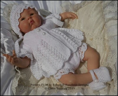 KNITTING PATTERN REBORN DOLL OR BABY LACY EDGED SET F138 16-22" DOLL 0-3M BABY